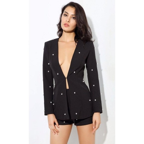 Pants u0026 Jumpsuits | Black Long Sleeve Faux Pearl Blazer Romper Short Two  Piece Set Nwt | Poshmark